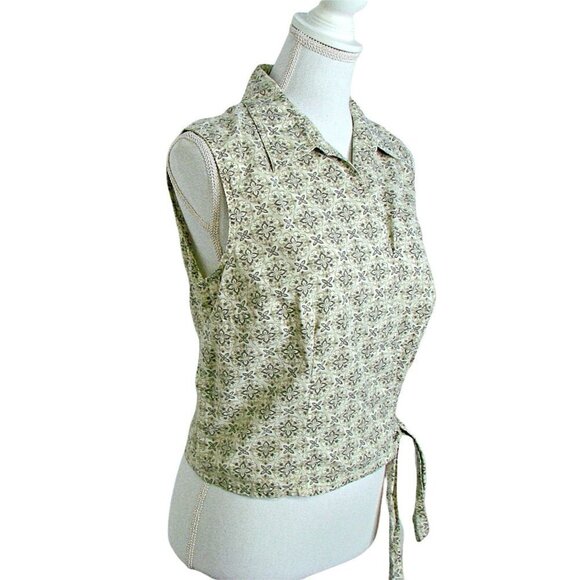 Faded Glory Cropped Wrap Side Tie Sleeveless Blouse 100% Cotton Beige White Sz L - Picture 2 of 12